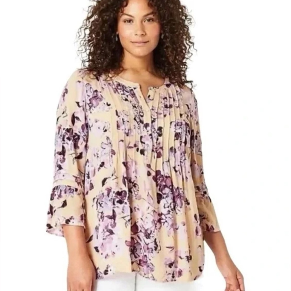 NWT J. Jill Womens Pintucked Bell Sleeve Floral Blouse Size XS Purple Peach